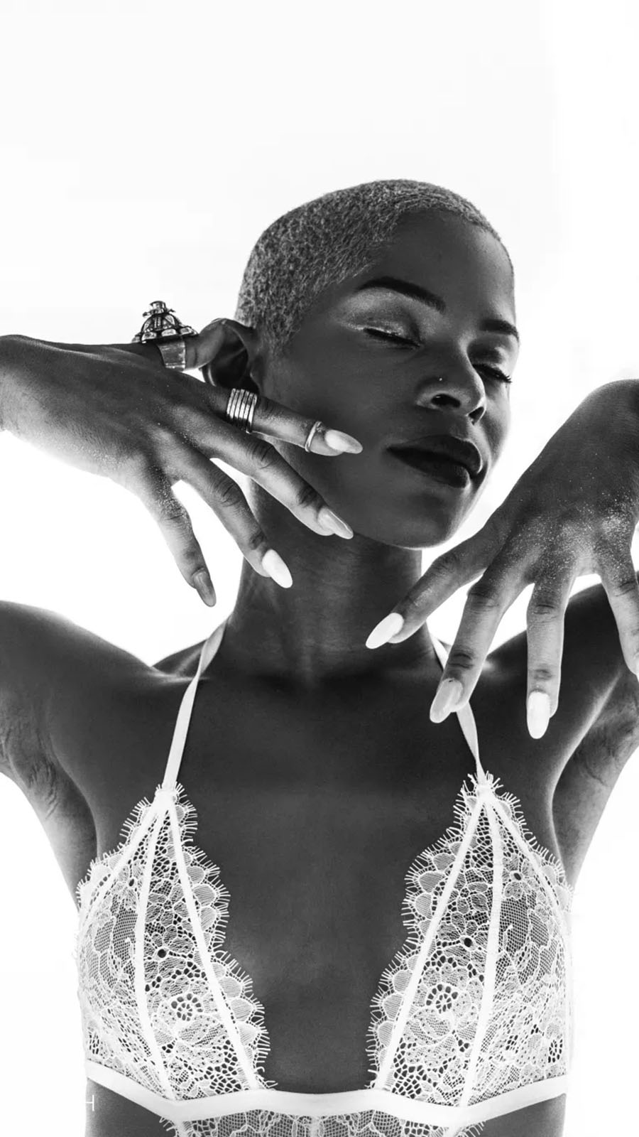 Black and white portrait with hands
